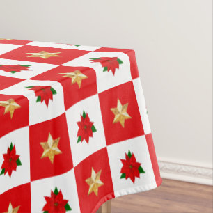 Christmas Poinsettias & Stars on Red & White Tablecloth