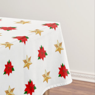 Christmas Poinsettias & Stars on White Tablecloth