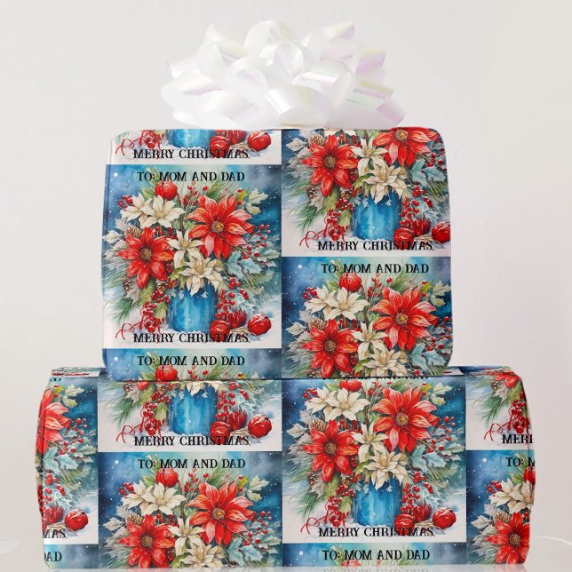 Christmas Poinsettias To Mom and Dad Custom Text Wrapping Paper (Creator Uploaded)