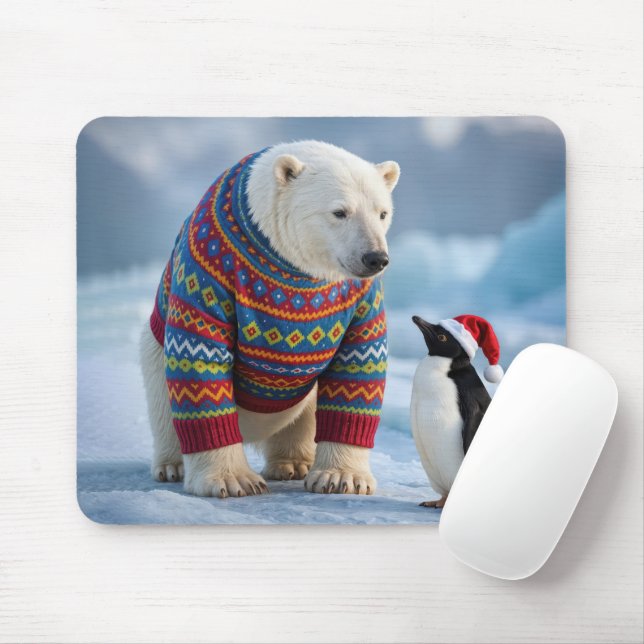 Christmas Polar Bear and Penguin Friends Mouse Pad (With Mouse)