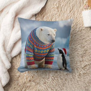 Christmas Polar Bear and Penguin On a Glacier Throw Pillow