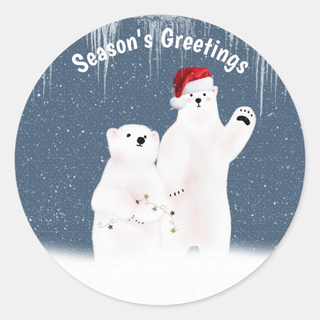 Christmas Polar Bear Couple in Snowflakes  Classic Round Sticker (Front)