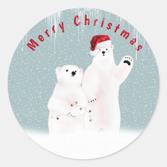 Christmas Polar Bear Couple with Snowflakes Classic Round Sticker (Front)