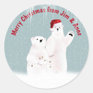 Christmas Polar Bear Couple with Snowflakes Classic Round Sticker