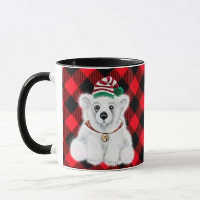 Christmas polar bear cub, Holly berries wreath   Mug (Left)