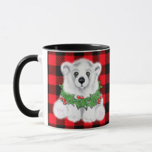 Christmas polar bear cub, Holly berries wreath   Mug