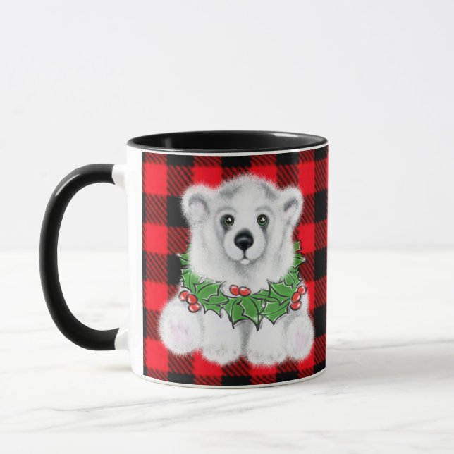 Christmas polar bear cub, Holly berries wreath   Mug (Left)