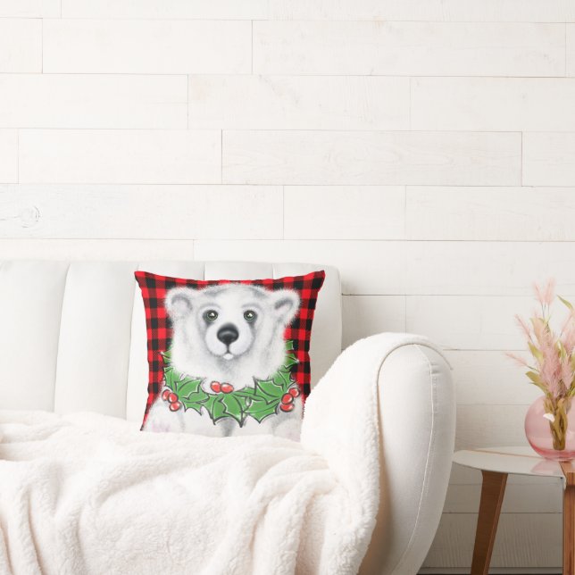 Christmas polar bear cub, Holly berries wreath   Throw Pillow (Couch)