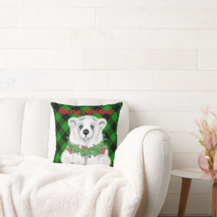 Christmas polar bear cub, white bear cub  throw pillow