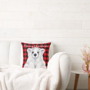 Christmas polar bear cub, white bear cub throw pillow