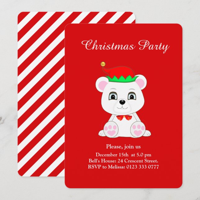 Christmas Polar Bear Elf on Red Party Invitation (Front/Back)