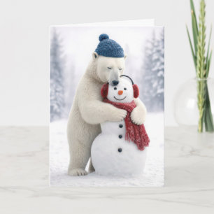 Christmas Polar Bear Hugging a Snowman Card