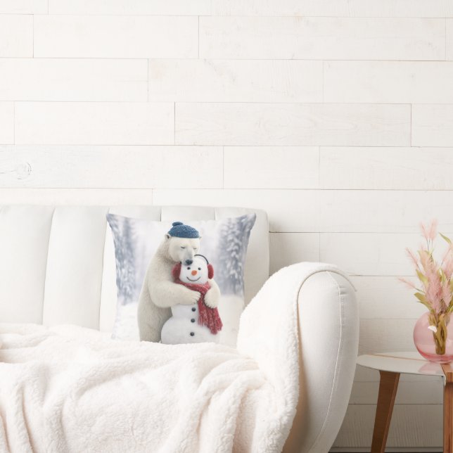 Christmas Polar Bear Hugging a Snowman Throw Pillow (Couch)