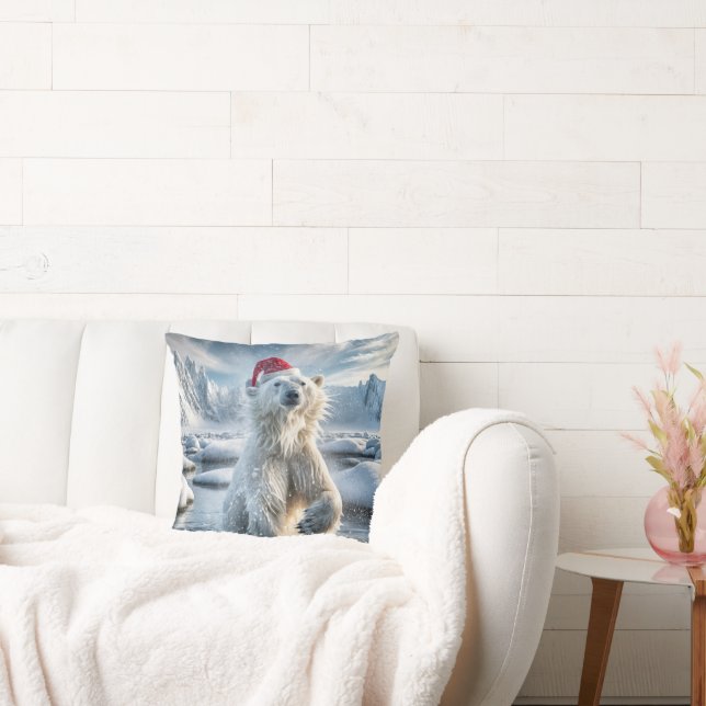 Christmas Polar Bear In Arctic Water Throw Pillow (Couch)