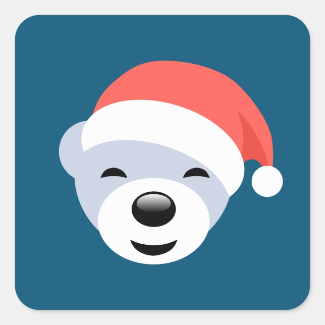 Christmas Polar Bear in Red Hat on Blue Square Sticker (Front)