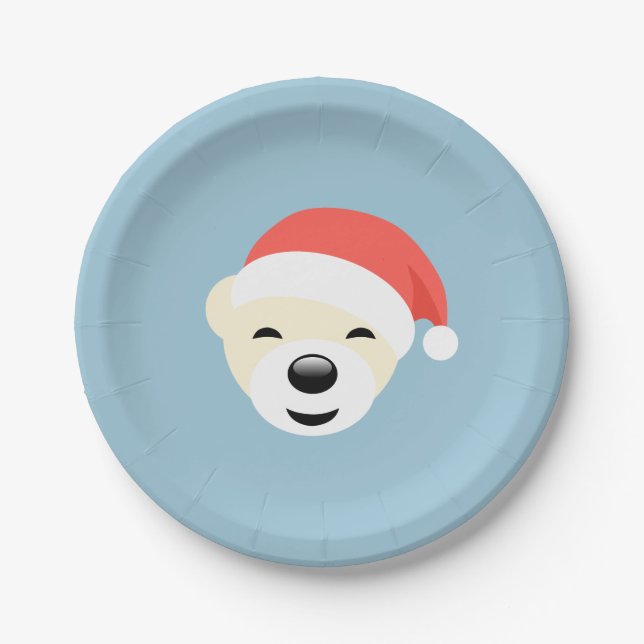Christmas Polar Bear in Red Hat on Light Blue Paper Plate (Front)