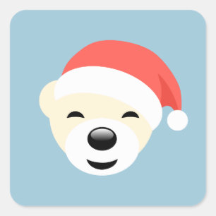 Christmas Polar Bear in Red Hat on Light Blue Square Sticker