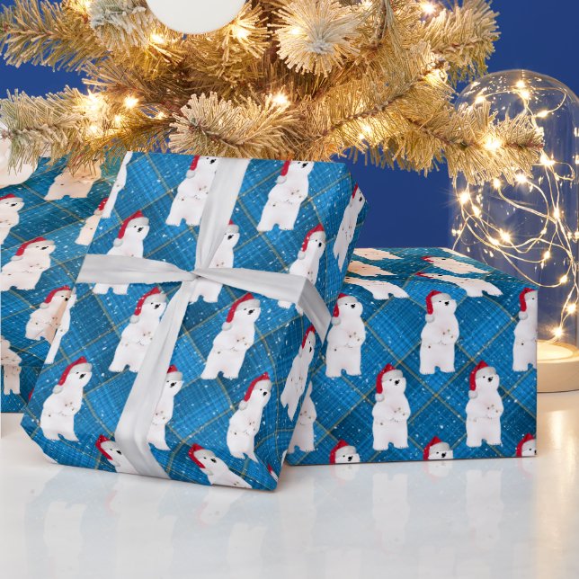 Christmas Polar Bear On Blue Plaid  Wrapping Paper (Holidays)