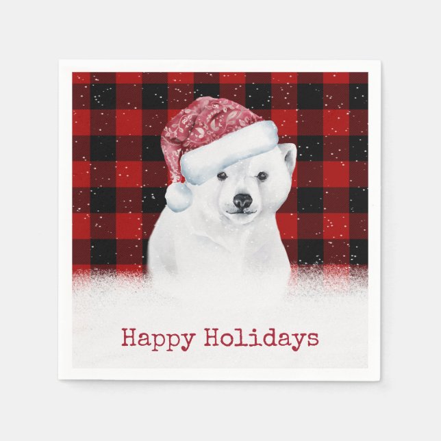 Christmas Polar Bear On Buffalo Plaid Napkin (Front)