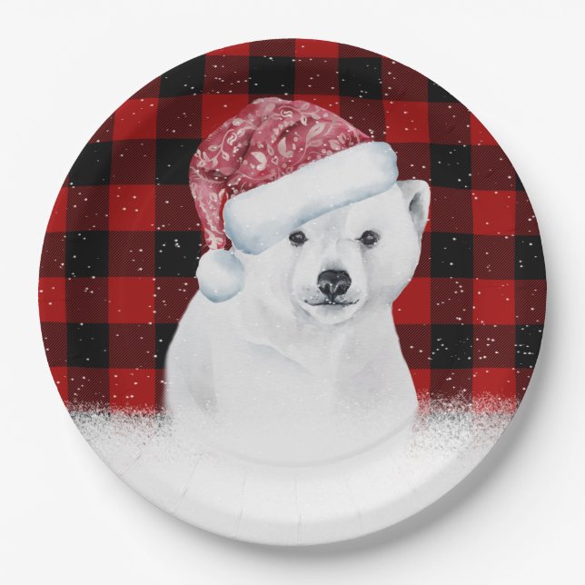 Christmas Polar Bear On Buffalo Plaid Paper Plate (Front)