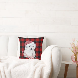 Christmas Polar Bear On Buffalo Plaid  Throw Pillow