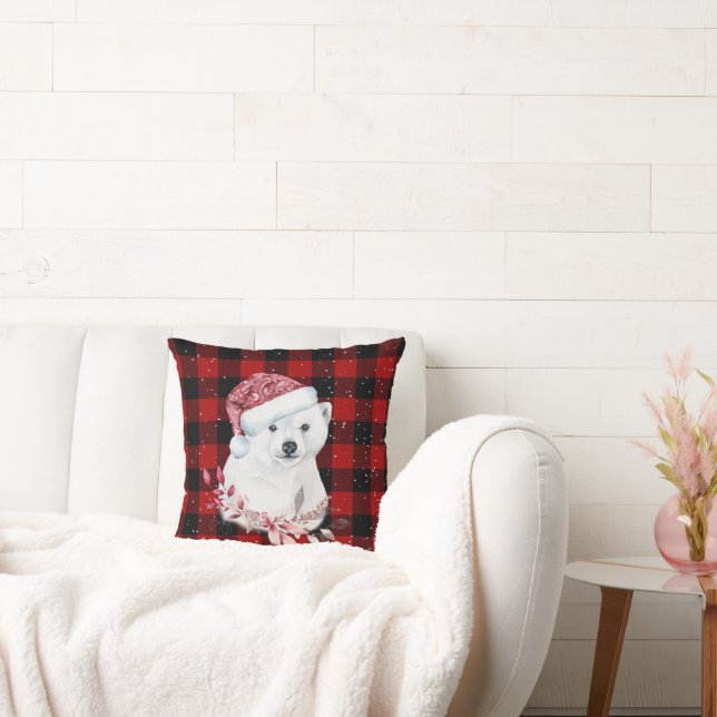 Christmas Polar Bear On Buffalo Plaid  Throw Pillow (Couch)