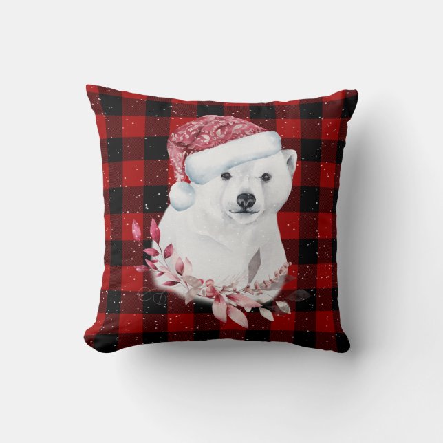 Christmas Polar Bear On Buffalo Plaid    Throw Pillow (Front)