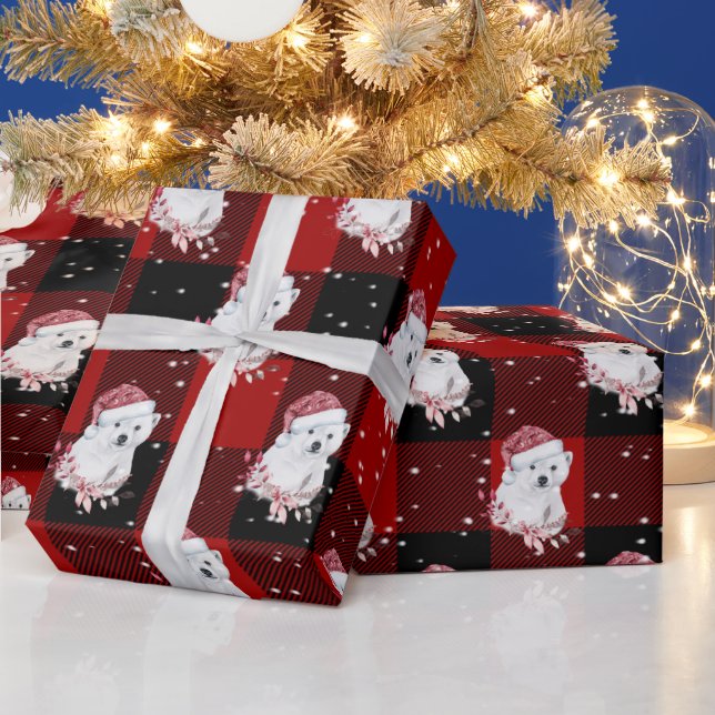 Christmas Polar Bear On Buffalo Plaid Wrapping Paper (Holidays)