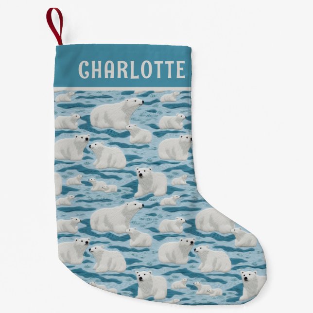 Christmas Polar Bear Pattern Personalized Name Small Christmas Stocking (Front)