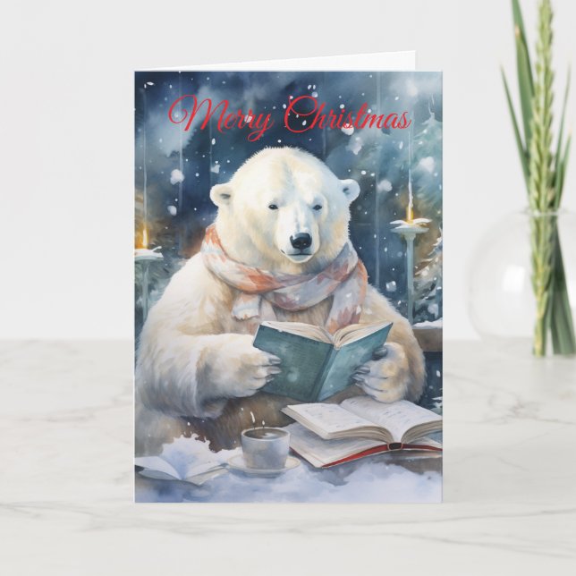 Christmas Polar Bear reading Holiday Card (Front)