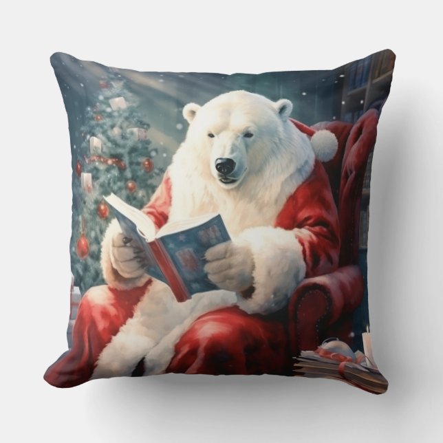 Christmas Polar Bear reading Throw Pillow (Front)