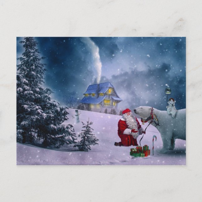 Christmas Polar Bear Santa Snow Scene Postcard (Front)