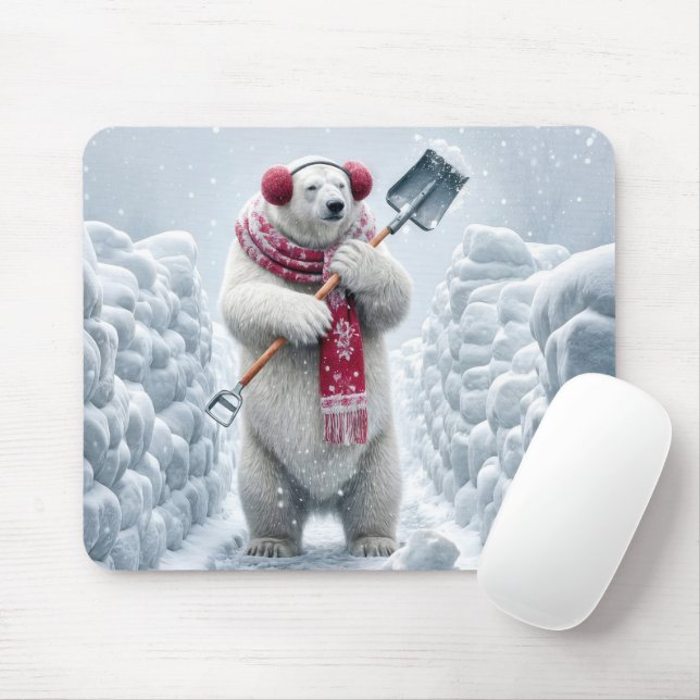 Christmas Polar Bear Shoveling Snow Mouse Pad (With Mouse)