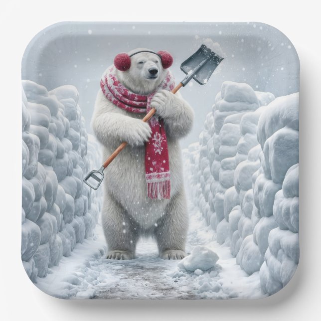 Christmas Polar Bear Shoveling Snow Paper Plate (Front)