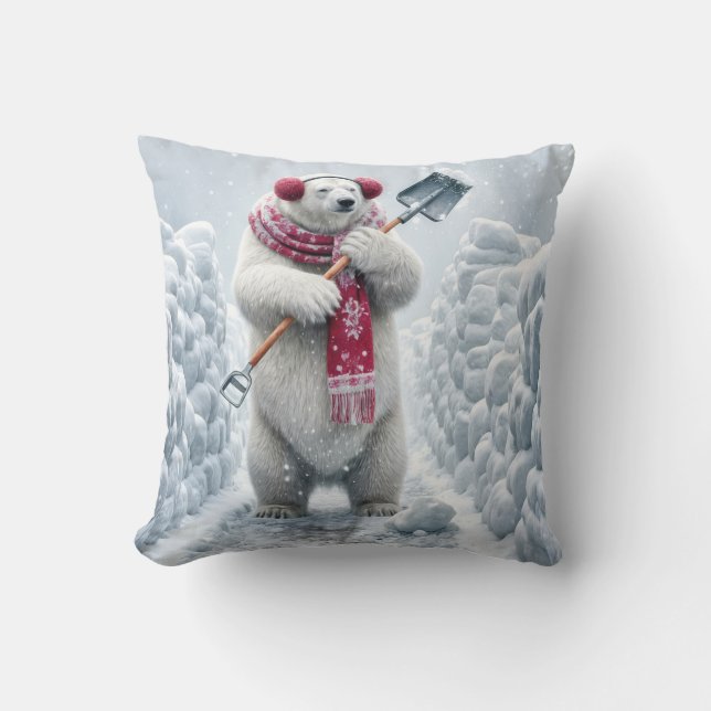Christmas Polar Bear Shoveling Snow Throw Pillow (Front)