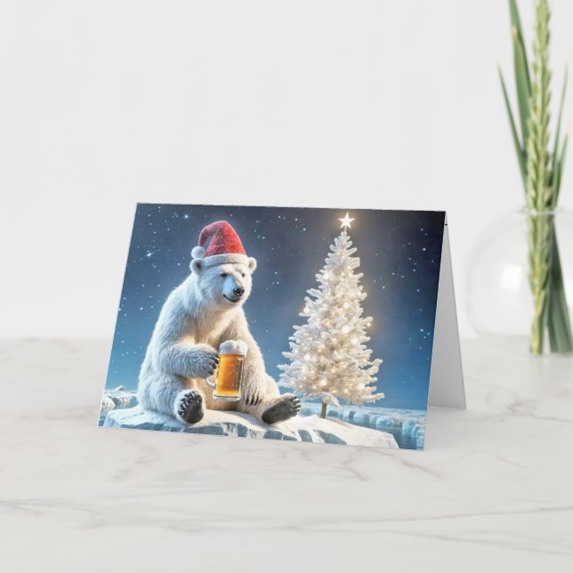 Christmas Polar Bear With Beer Holiday Card (Front)