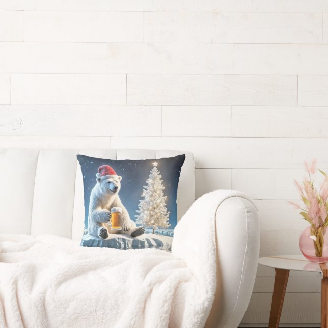 Christmas Polar Bear With Beer Throw Pillow (Couch)