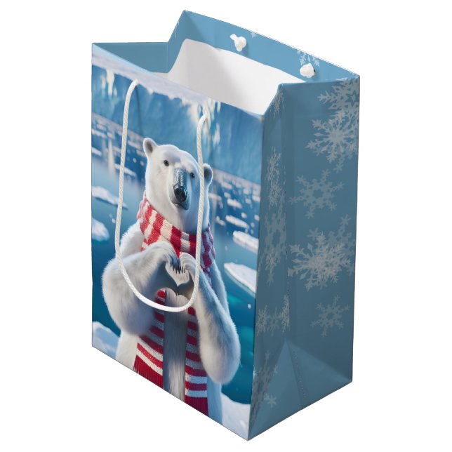 Christmas Polar Bear With Paws In Heart Shape Medium Gift Bag (Front Angled)
