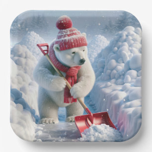 Christmas Polar Bear With Red Shovel Paper Plate