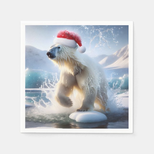 Christmas Polar Bear With Santa Cap Napkin (Front)