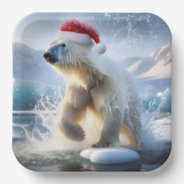 Christmas Polar Bear With Santa Cap Paper Plate (Front)