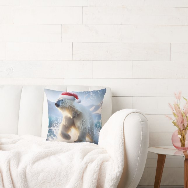 Christmas Polar Bear With Santa Cap Throw Pillow (Couch)