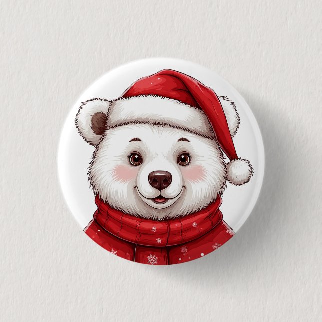 Christmas Polar Bear With Santa Hat 1 Inch Round Button (Front)