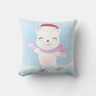 Christmas Polar Bear with Santa Hat in Snowfall Throw Pillow