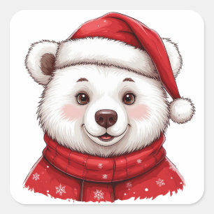 Christmas Polar Bear With Santa Hat Square Sticker