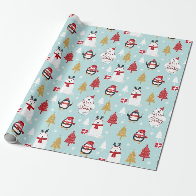 Christmas Polar Bears and Penguins Wrapping Paper (Unrolled)