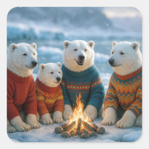 Christmas Polar Bears Around a Bonfire Square Sticker