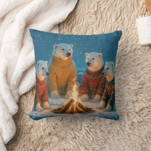 Christmas Polar Bears Around a Bonfire Throw Pillow