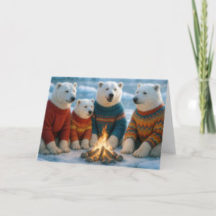 Christmas Polar Bears Gathering Around a Bonfire Card