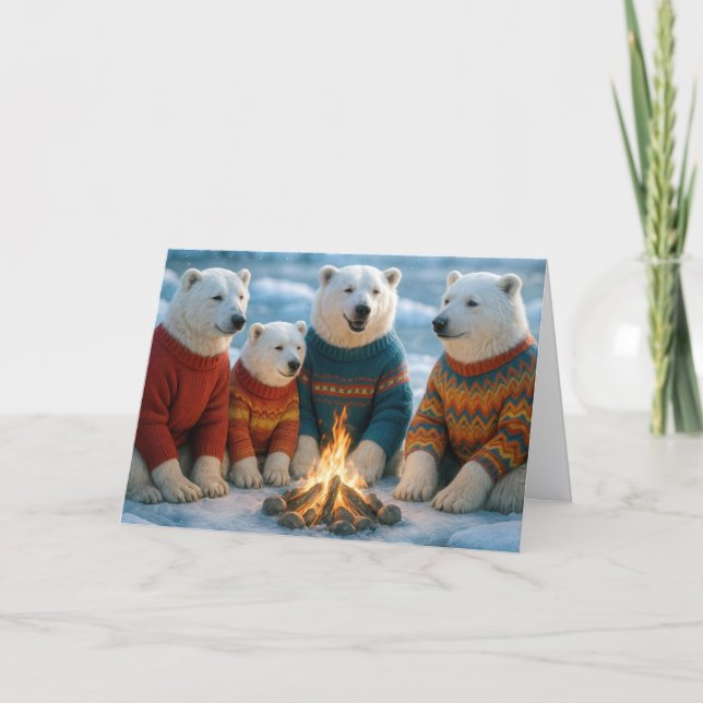 Christmas Polar Bears Gathering Around a Bonfire Card (Front)